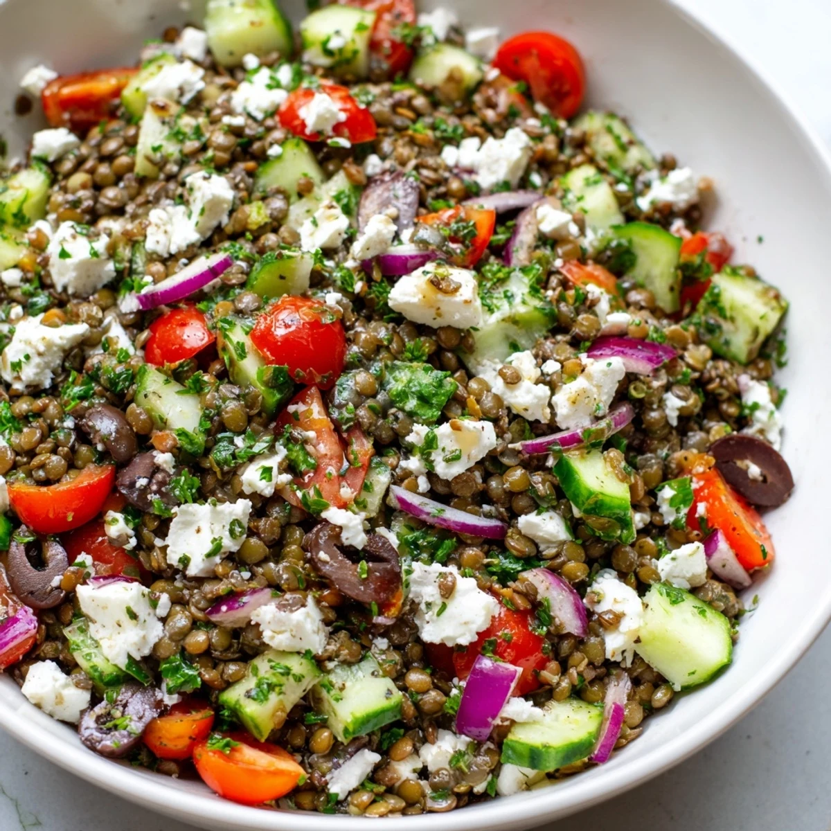 Tender green lentils and creamy feta tossed with red onion and olives in a zesty dressing.