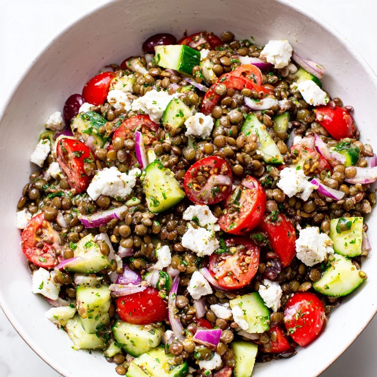 A close-up of fresh Mediterranean Lentil Salad with Feta, garnished with parsley and lemon wedges.