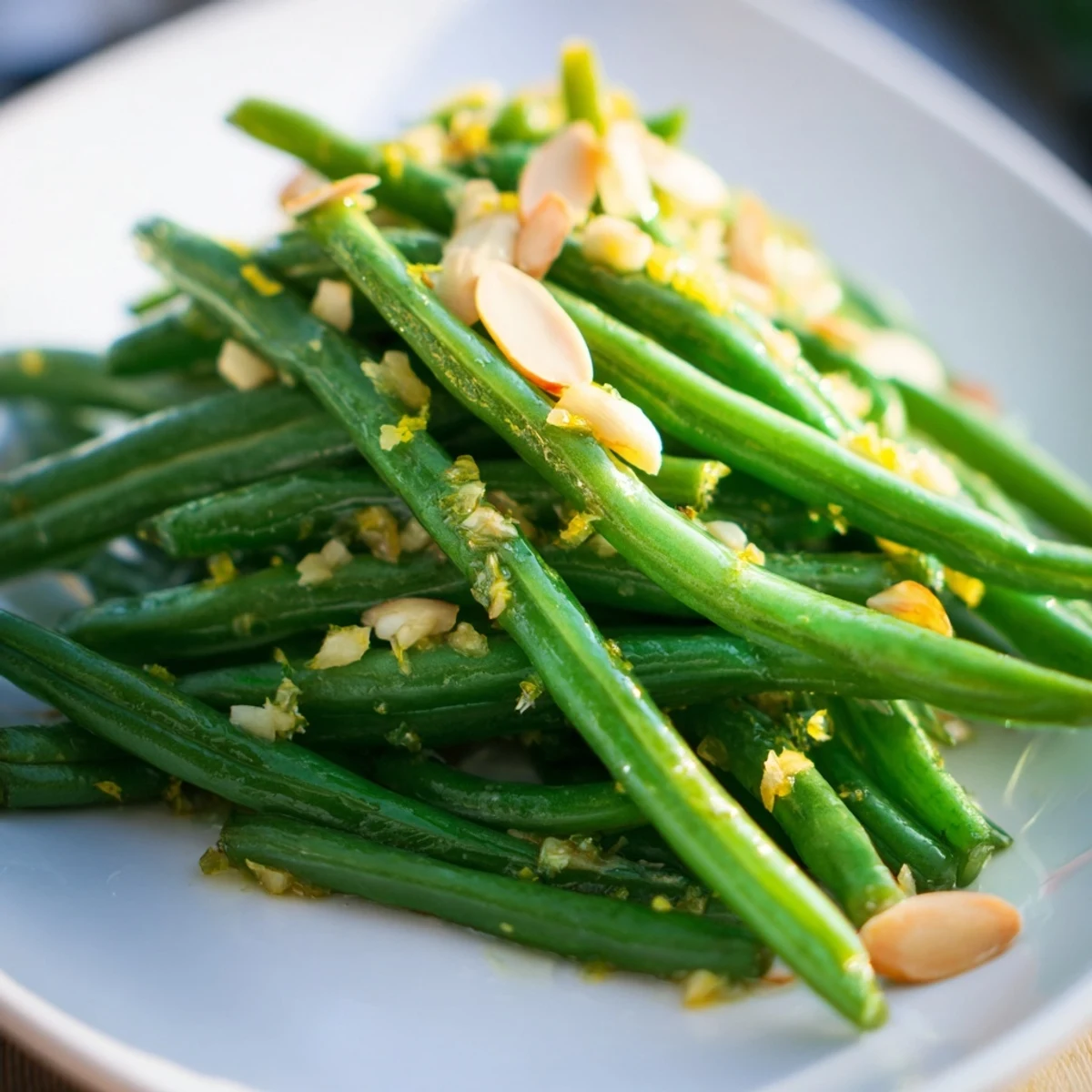 Bright, crisp green beans glistening with zesty lemon and fragrant garlic, topped with golden toasted almonds for a simple vegetarian side dish.