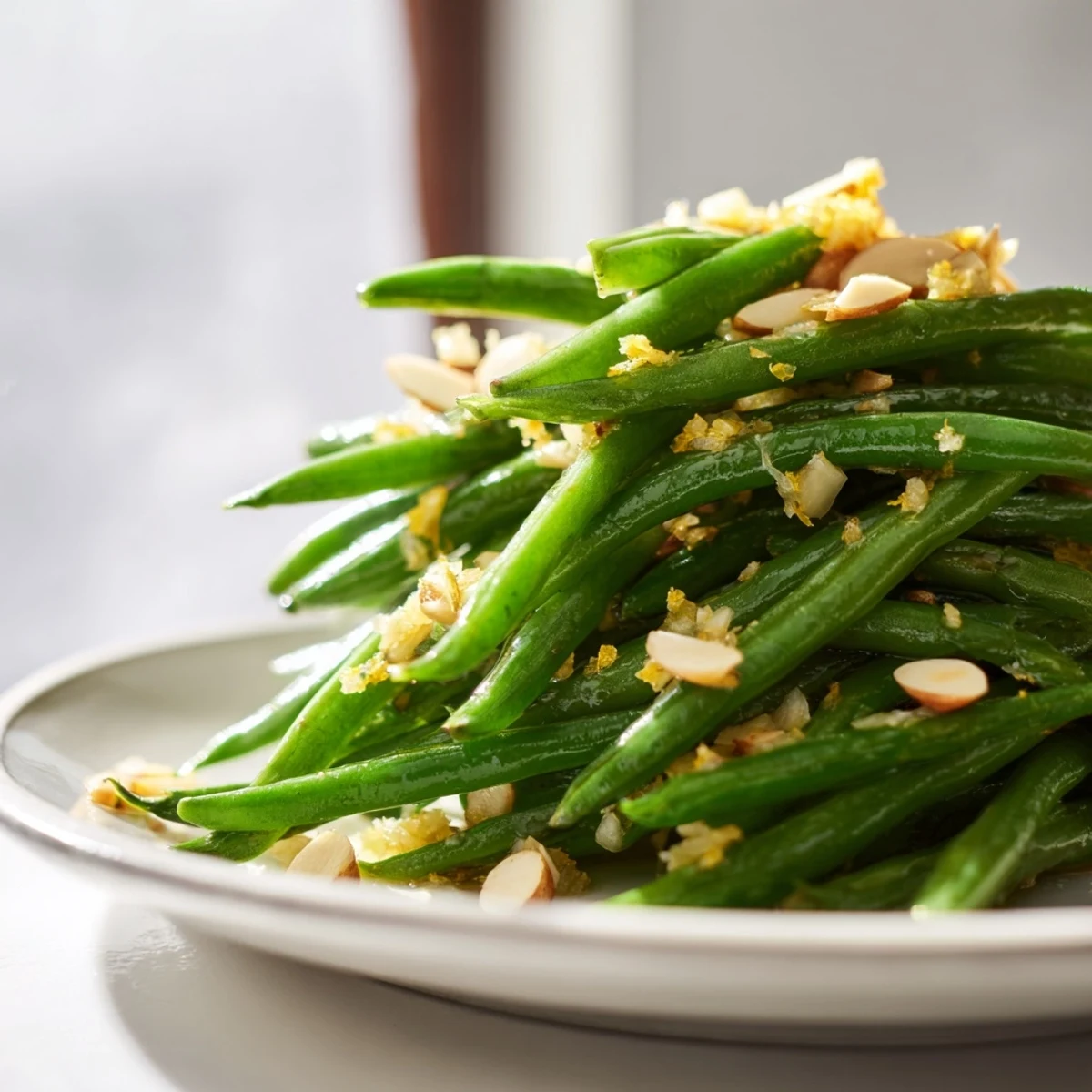A close-up of fresh green beans tossed with minced garlic, lemon zest, and sliced almonds, highlighting the vibrant green color and toasted crunch.