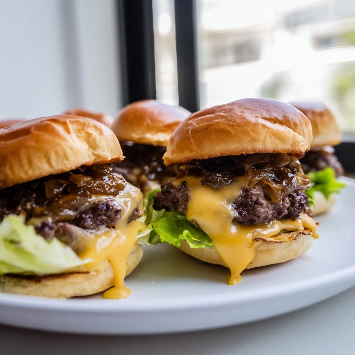Golden caramelized onions crown juicy beef sliders on soft buns, ready for a game-day spread.  