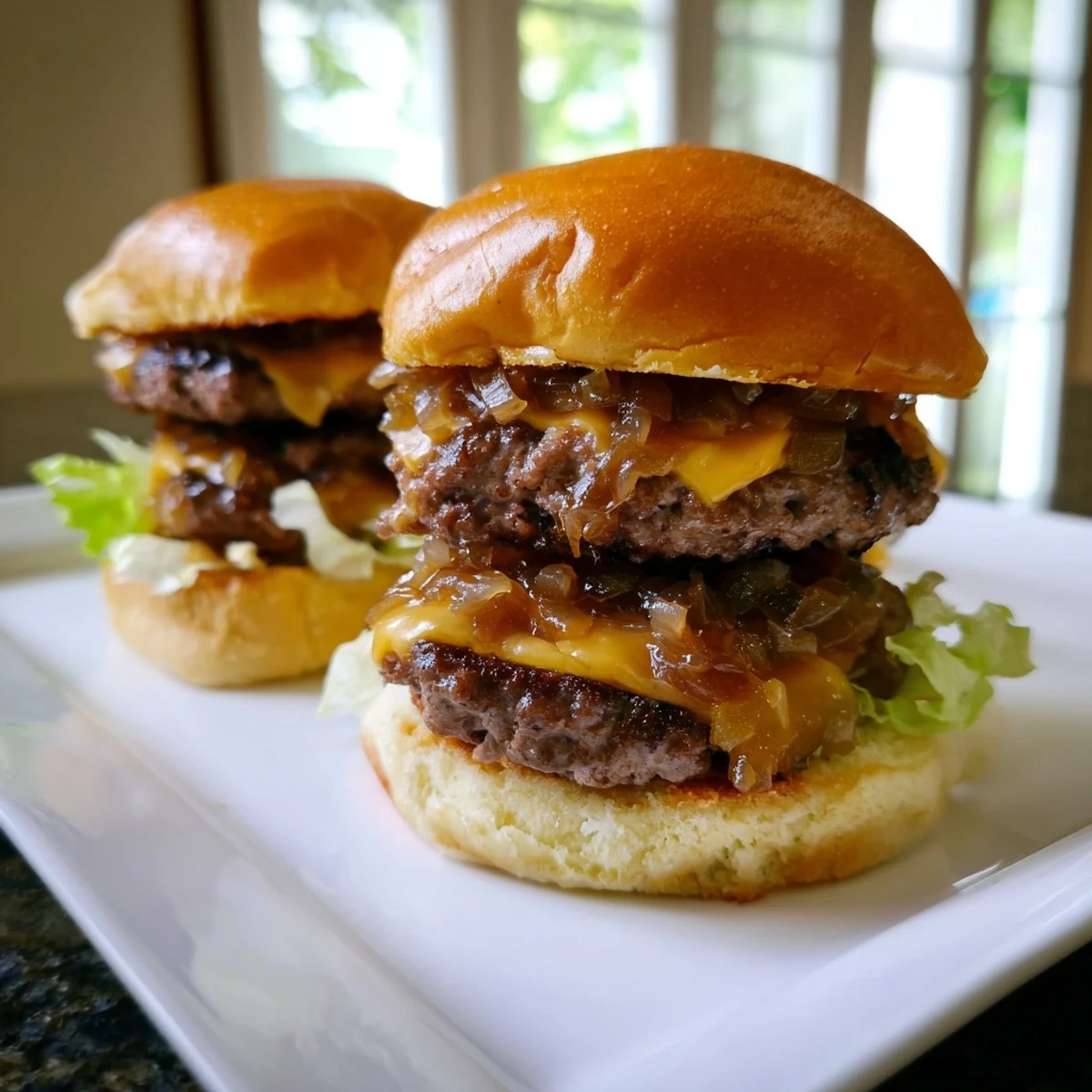 Sizzling mini beef patties topped with sweet onions and melted cheese, served on toasted slider buns.  