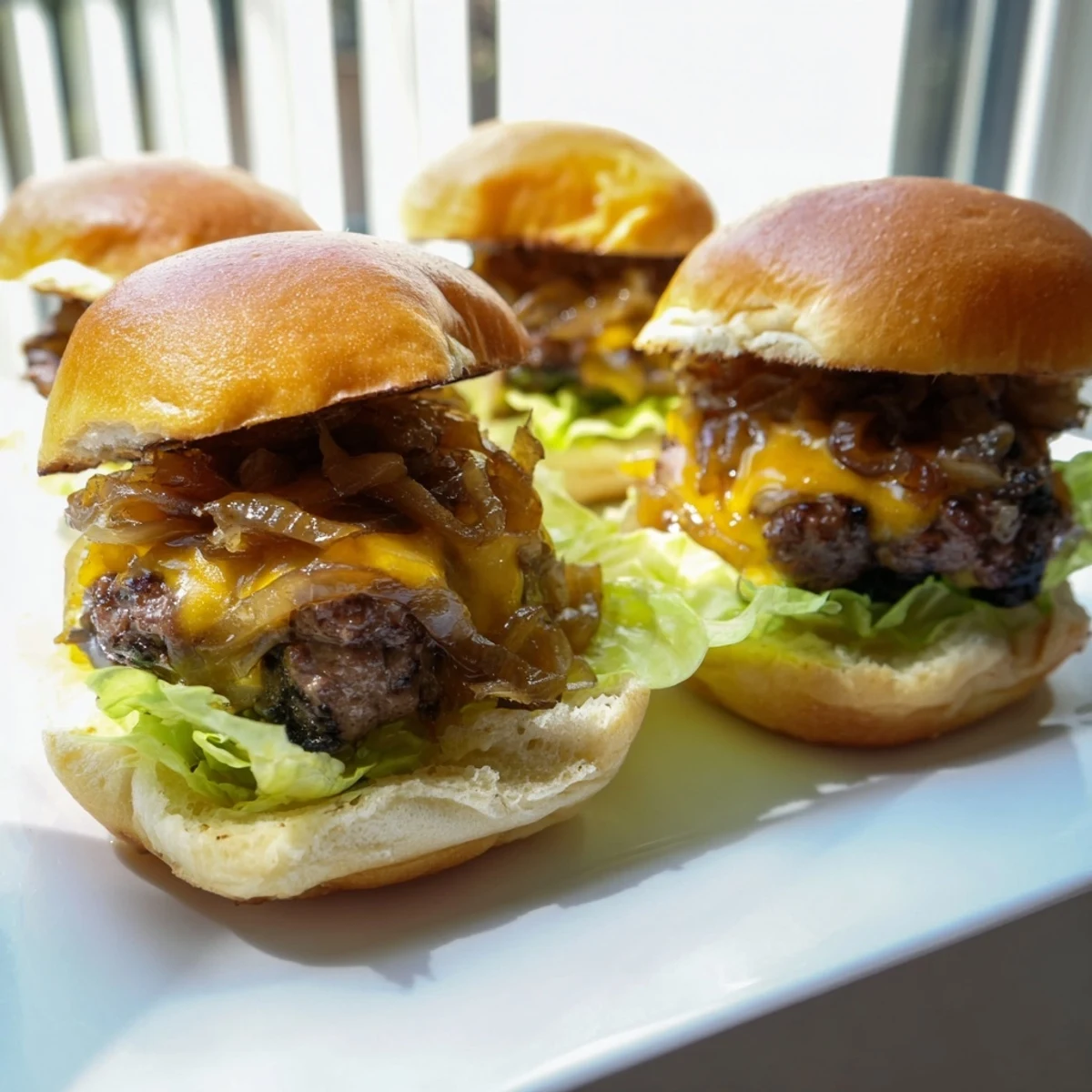 Platter of beef sliders with caramelized onions and pickles, ideal for family-friendly gatherings.
