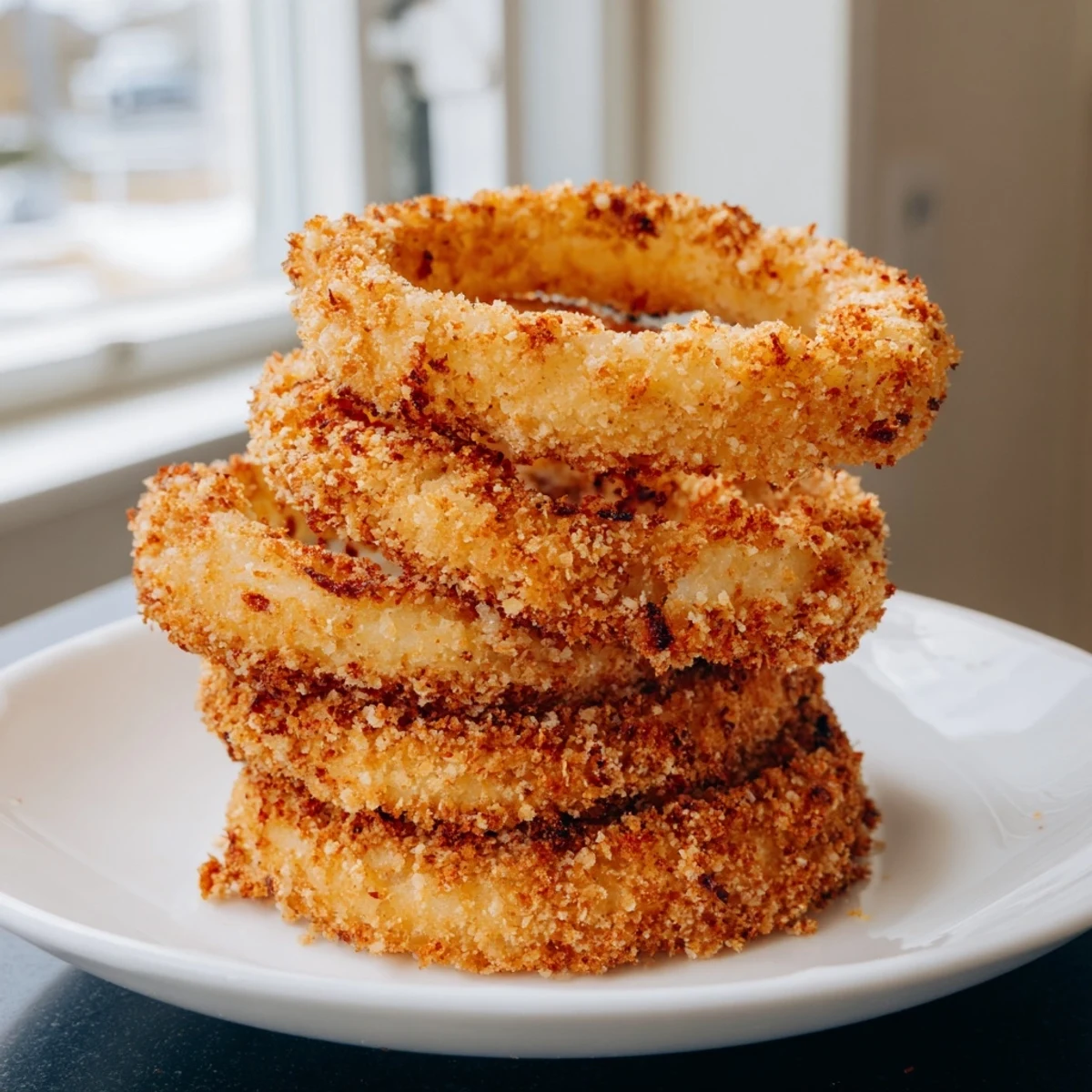 Golden brown Crispy Air Fryer Onion Rings served hot with a side of creamy dipping sauce on a plate.
