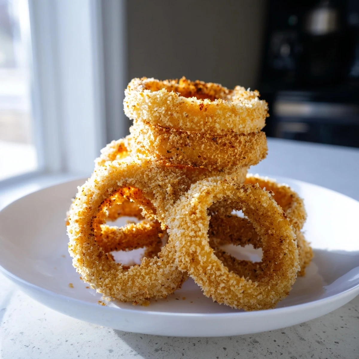 Savory Crispy Air Fryer Onion Rings arranged in a single layer, lightly sprayed with olive oil for a perfect crisp.
