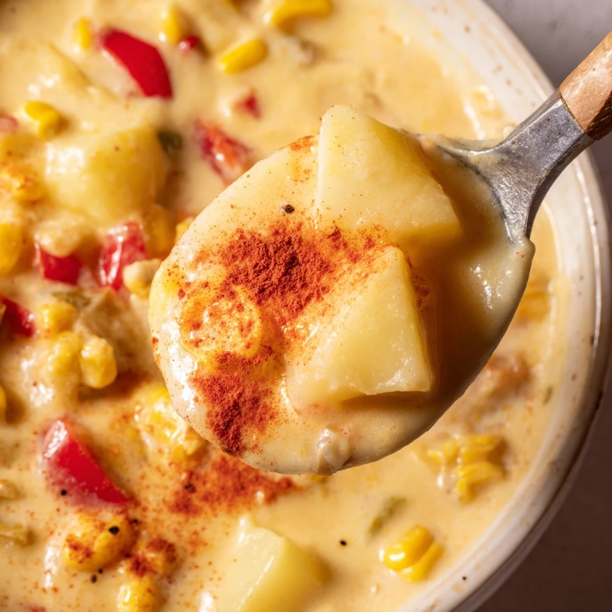 Creamy Corn Chowder with Smoked Paprika steaming in a rustic bowl, garnished with fresh chives.  