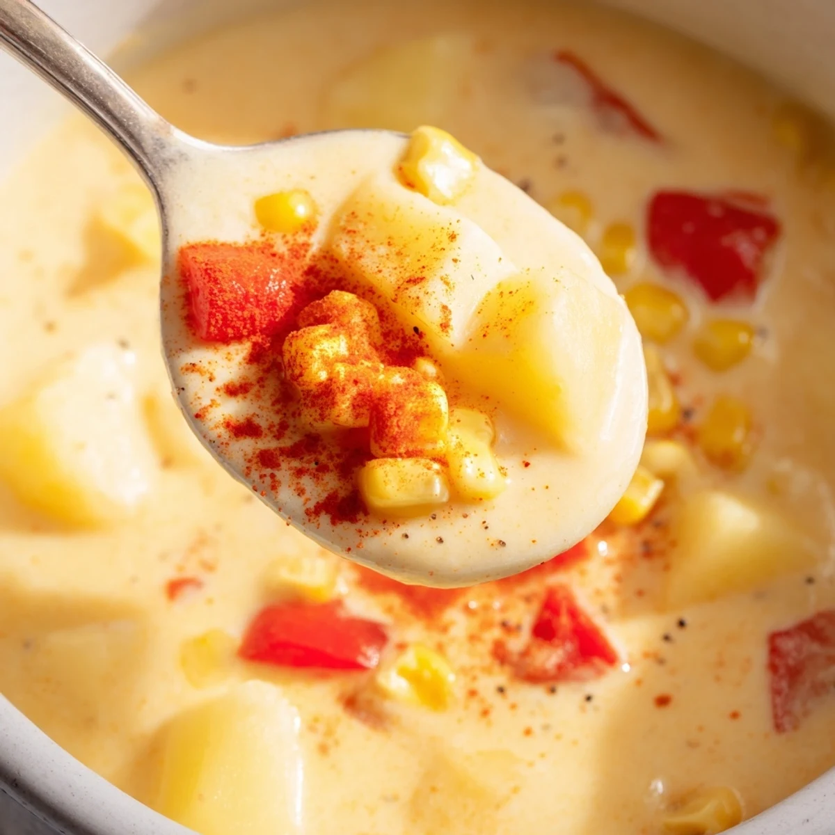 A spoonful of Creamy Corn Chowder with Smoked Paprika reveals tender potatoes and sweet corn.  