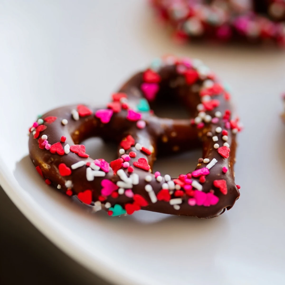 Chocolate Covered Pretzels with Heart Sprinkles on a tray, ready for snacking.