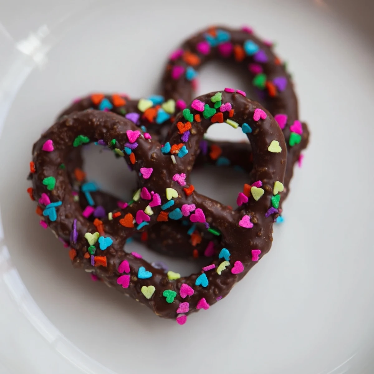 Smooth chocolate-dipped pretzels with festive heart sprinkles, arranged on parchment.
