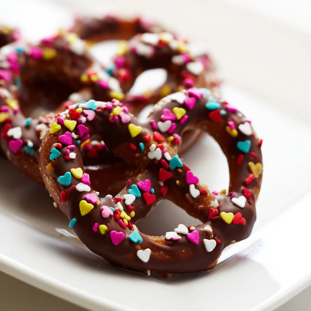 A sweet and salty treat: chocolate pretzels topped with pink hearts.