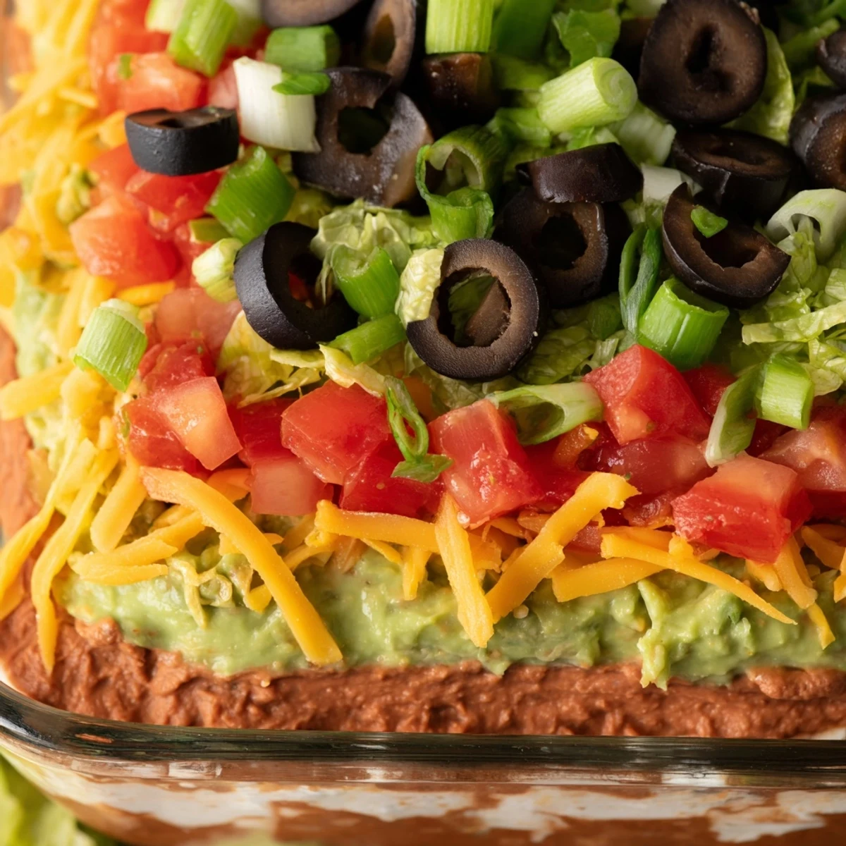 Seven layers of vibrant Tex-Mex flavors in a chilled Super Bowl Seven Layer Taco Dip, served with crunchy tortilla chips.