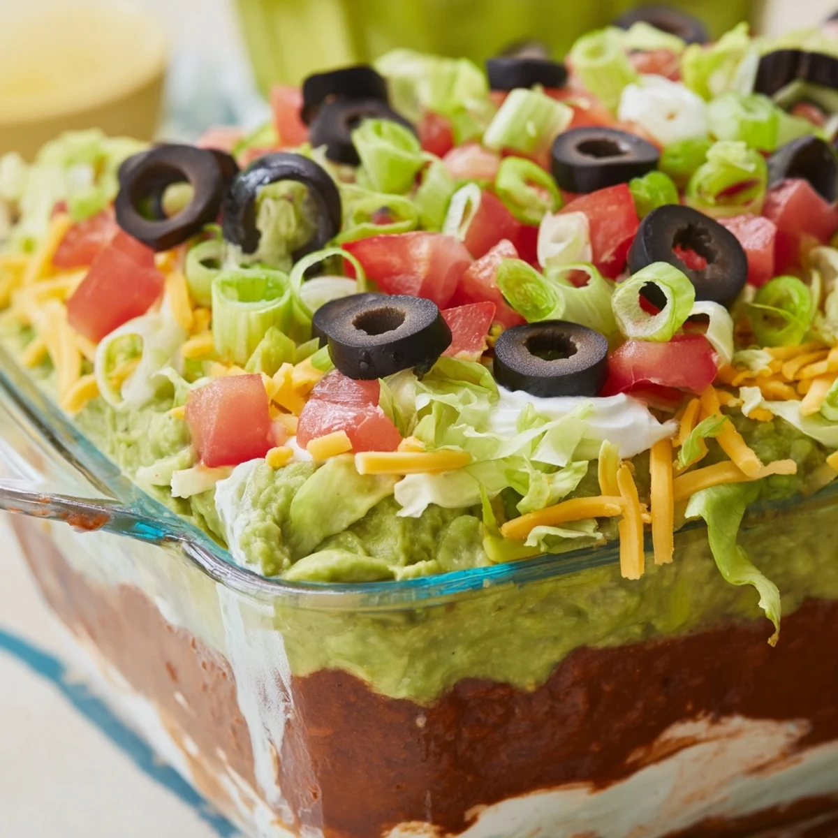 Creamy sour cream and guacamole top seasoned beans, finished with salsa, lettuce, tomatoes, cheese, olives, and green onions.