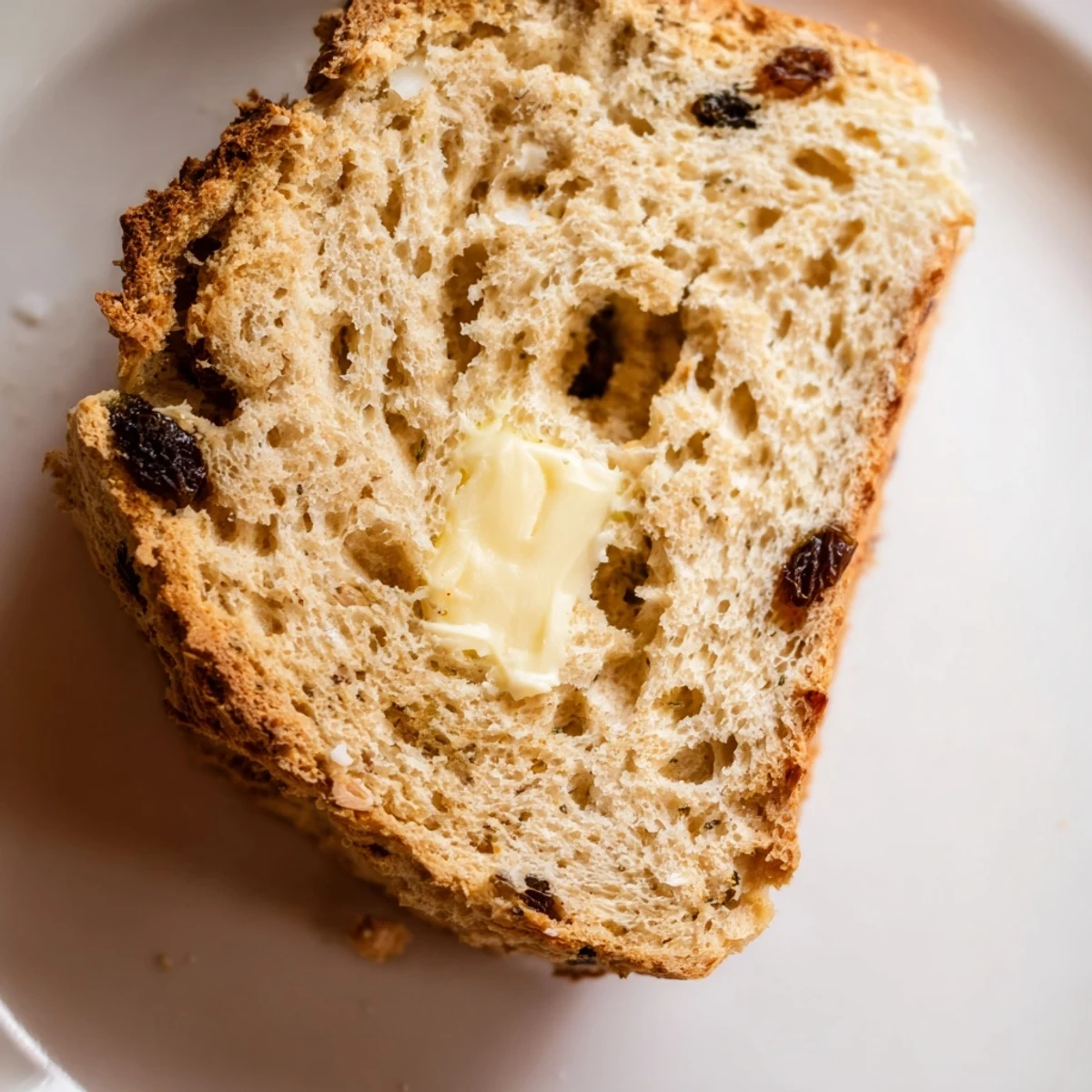 Rustic round loaf of Irish Soda Bread with Raisins and Caraway Seeds on a wooden board, with caraway seeds speckling the crust.