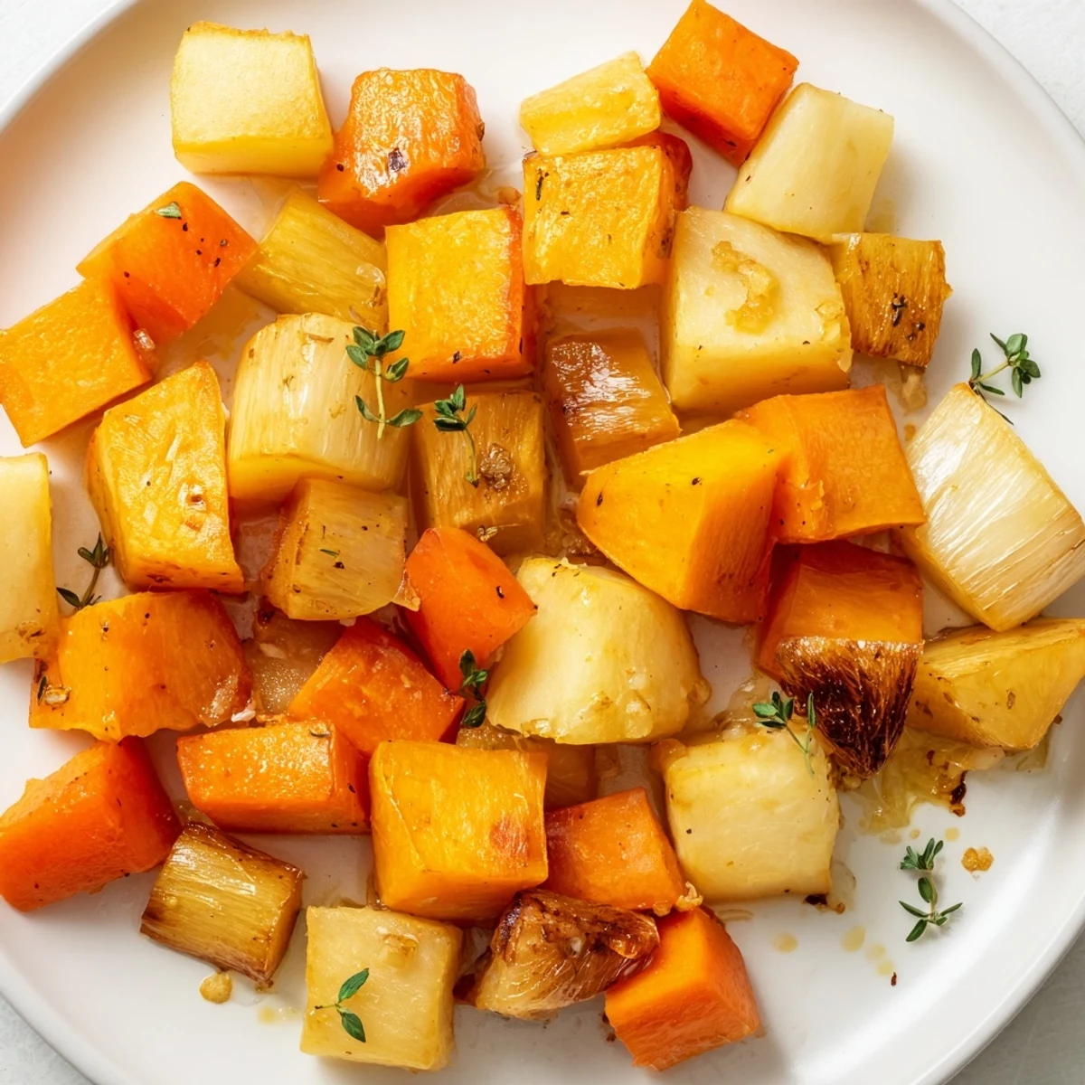 A close-up of the Roasted Root Vegetable Medley with Thyme, showcasing golden, caramelized carrots and sweet potatoes on a rustic platter.