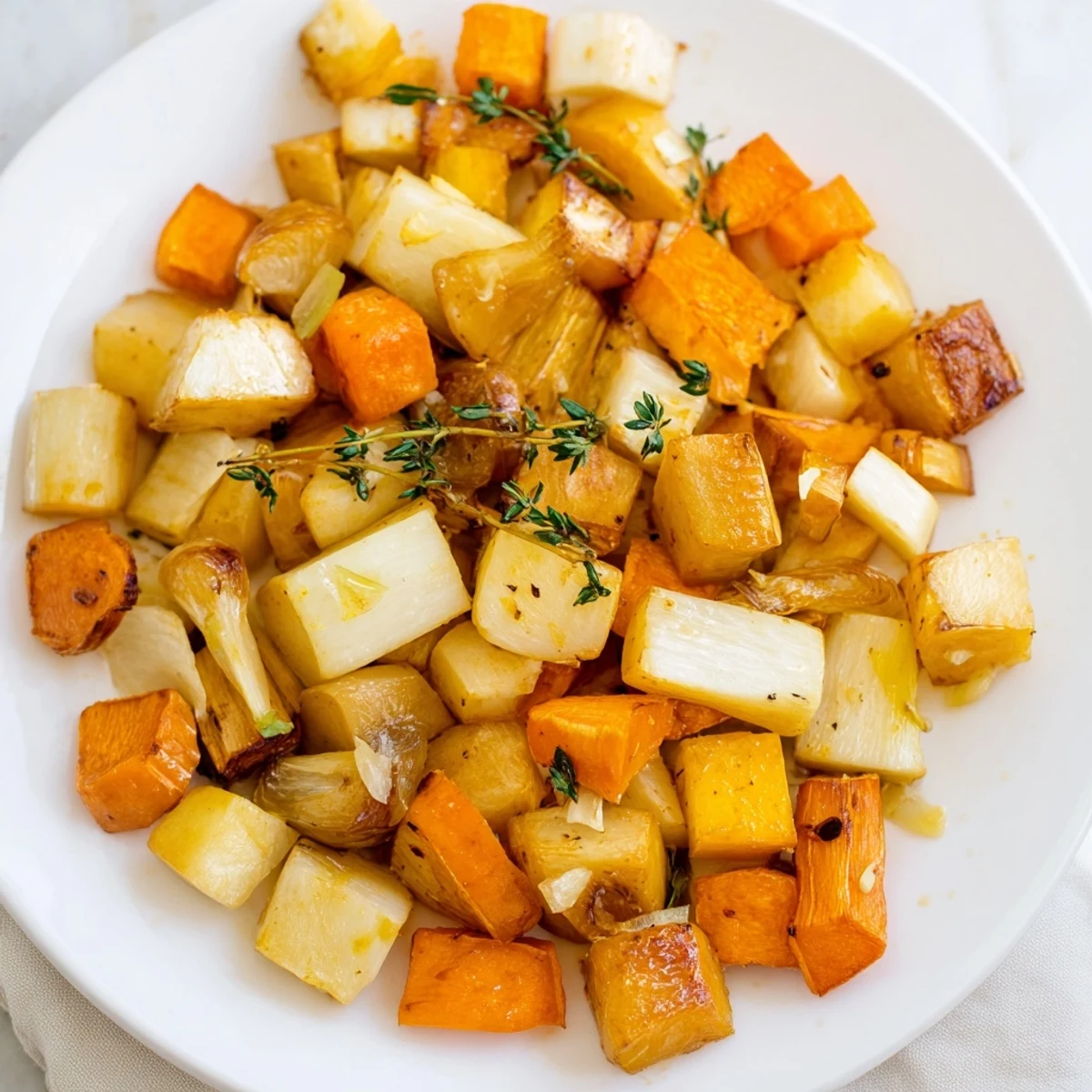 A vibrant serving of Roasted Root Vegetable Medley with Thyme, perfect alongside a roast chicken or as a hearty vegetarian main.