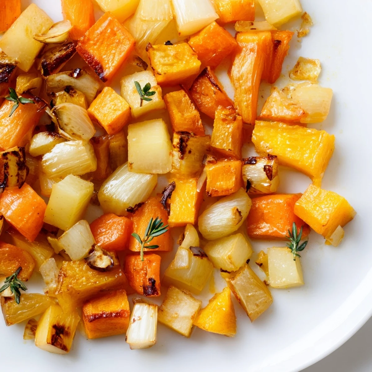 Savoring the Roasted Root Vegetable Medley with Thyme, featuring tender parsnips and onions glistening with olive oil and herbs.