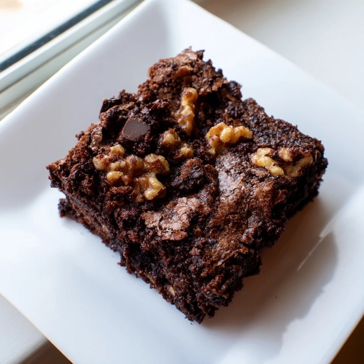 A close-up of fudgy chocolate brownies with walnuts, showcasing their gooey texture and rich, dark cocoa color.