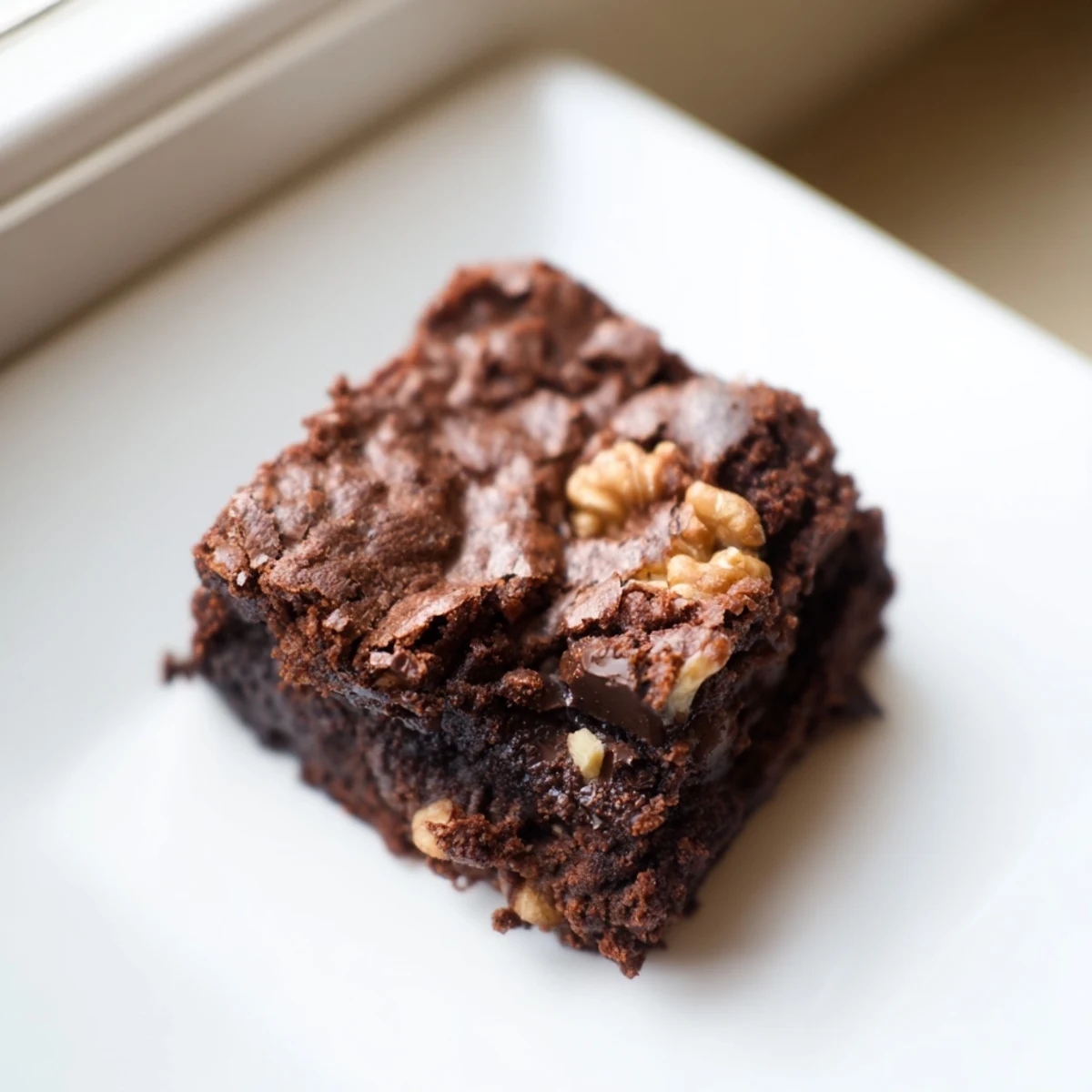 These moist, chocolate brownies with walnuts are studded with crunchy nut pieces on a wooden cutting board.