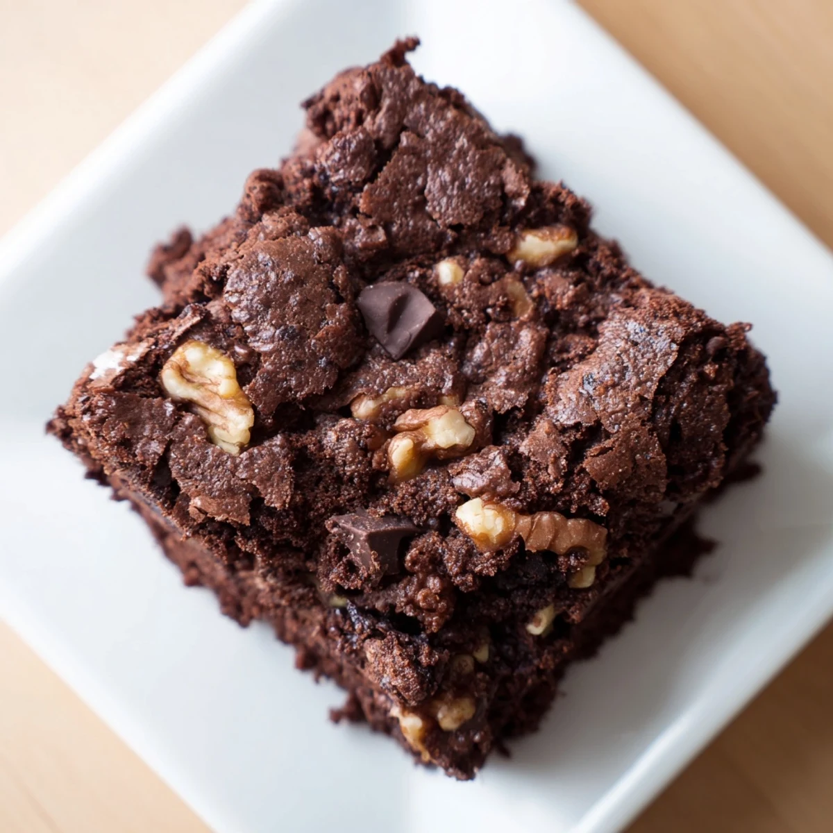 Freshly baked chocolate brownies with walnuts are stacked neatly, perfect for serving with a glass of cold milk.