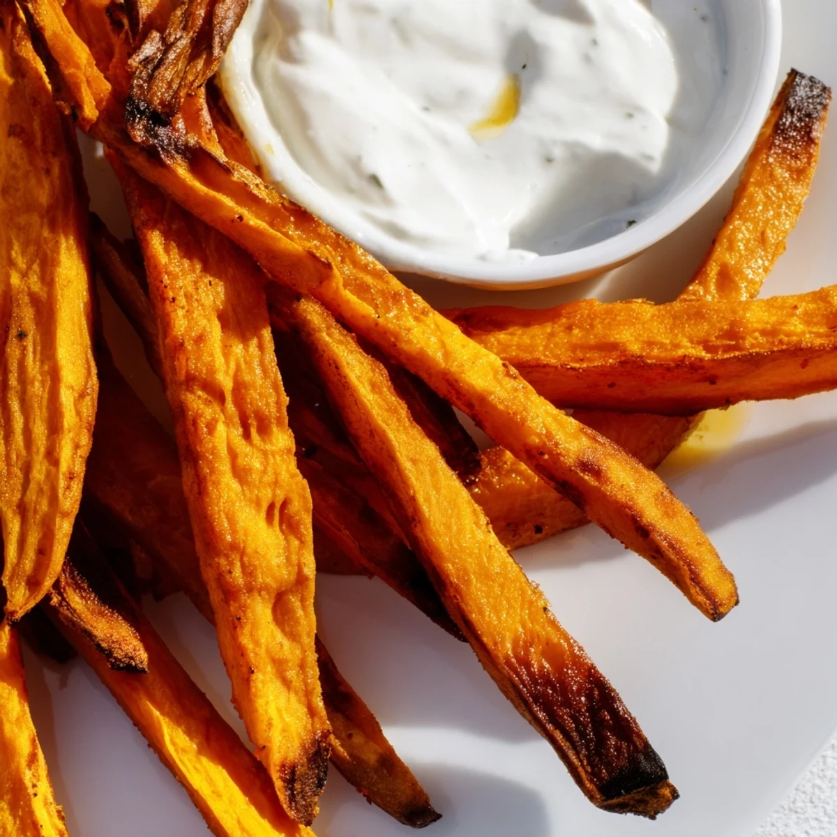 A close-up photo showing crispy edges on roasted sweet potato fries, served alongside a creamy and fresh yogurt dip.