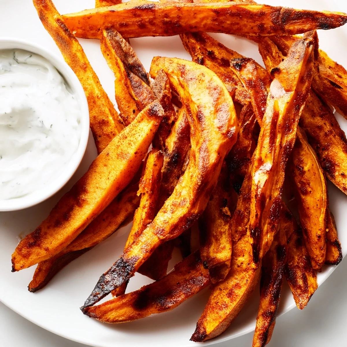 A top-down view of freshly roasted sweet potato fries with a tangy yogurt dipping sauce, perfect for snacking or a side dish.  