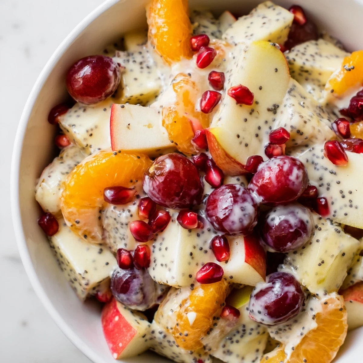 This bowl of Winter Fruit Salad with Poppy Seed Dressing features vibrant orange segments, sliced apples, and jewel-like pomegranate seeds glistening with creamy dressing.