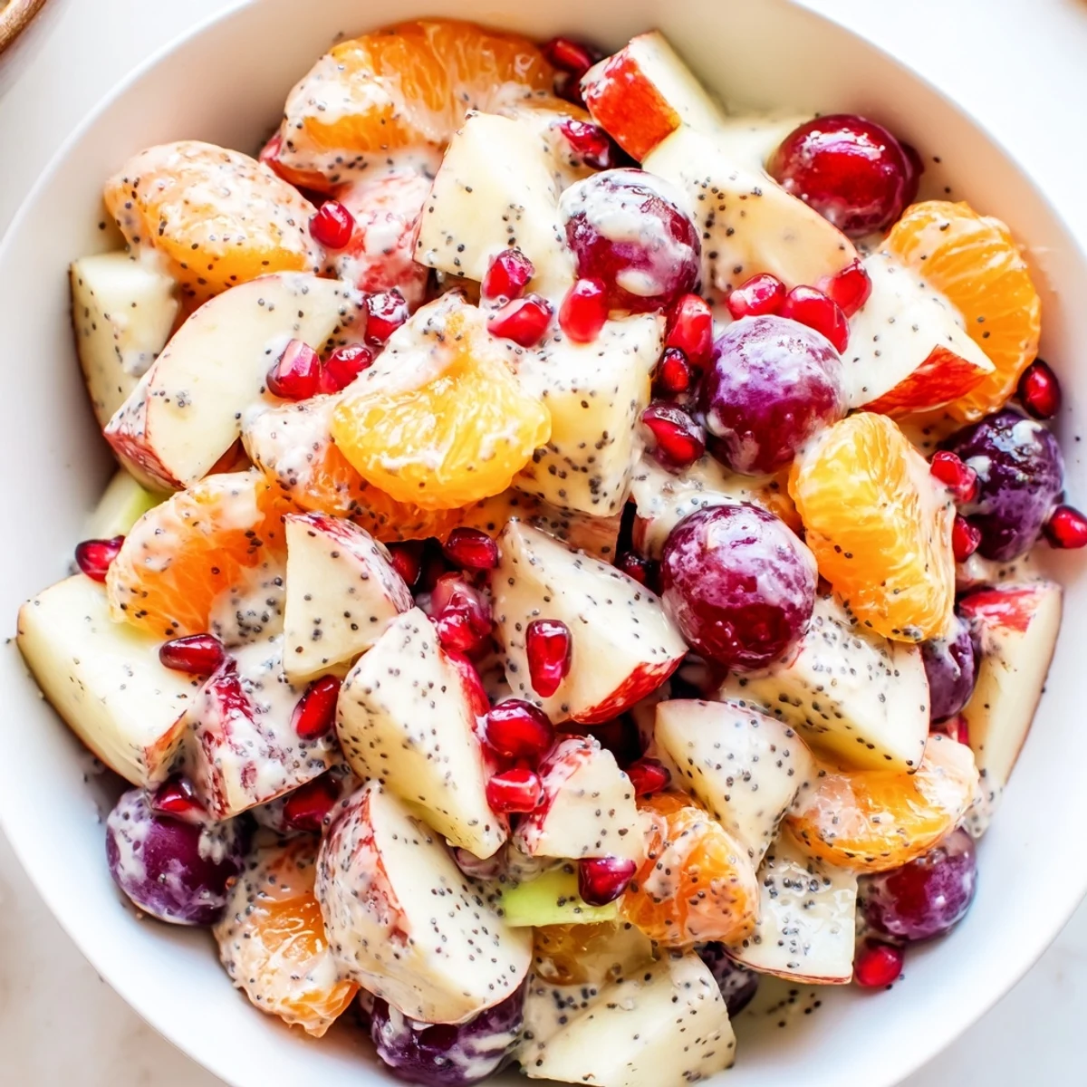 A close-up view shows fresh Winter Fruit Salad with Poppy Seed Dressing, mixing crisp pears, red grapes, and tart cranberries in a light yogurt sauce.