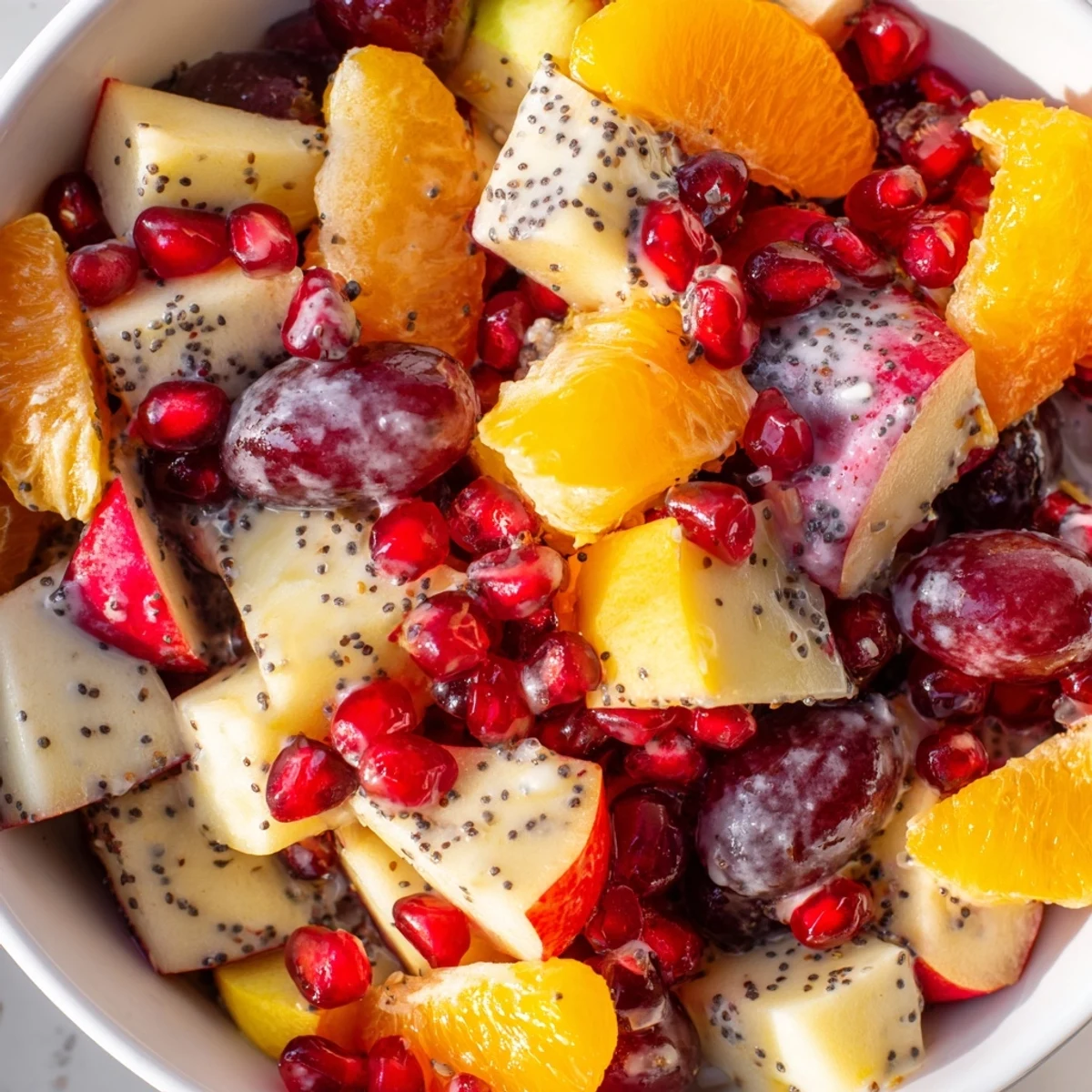 Bright seasonal fruits including apples and oranges are tossed in tangy-sweet poppy seed dressing in this refreshing Winter Fruit Salad, perfect for a healthy side dish.