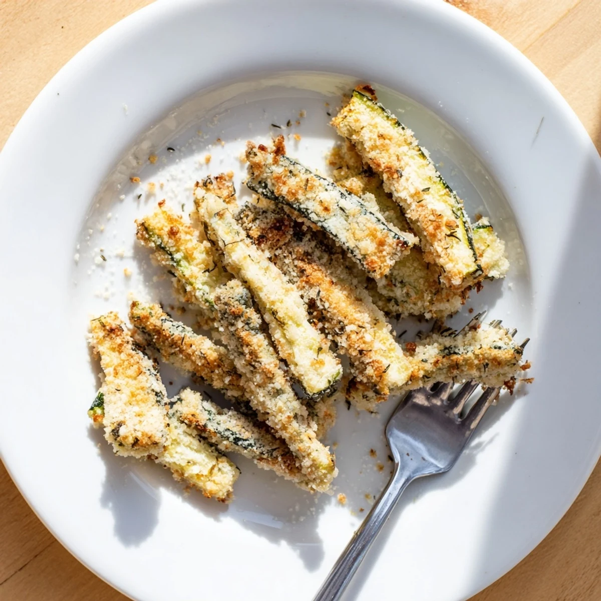 Golden, crispy zucchini fries with Parmesan are baked until crunchy and served warm with marinara dipping sauce.