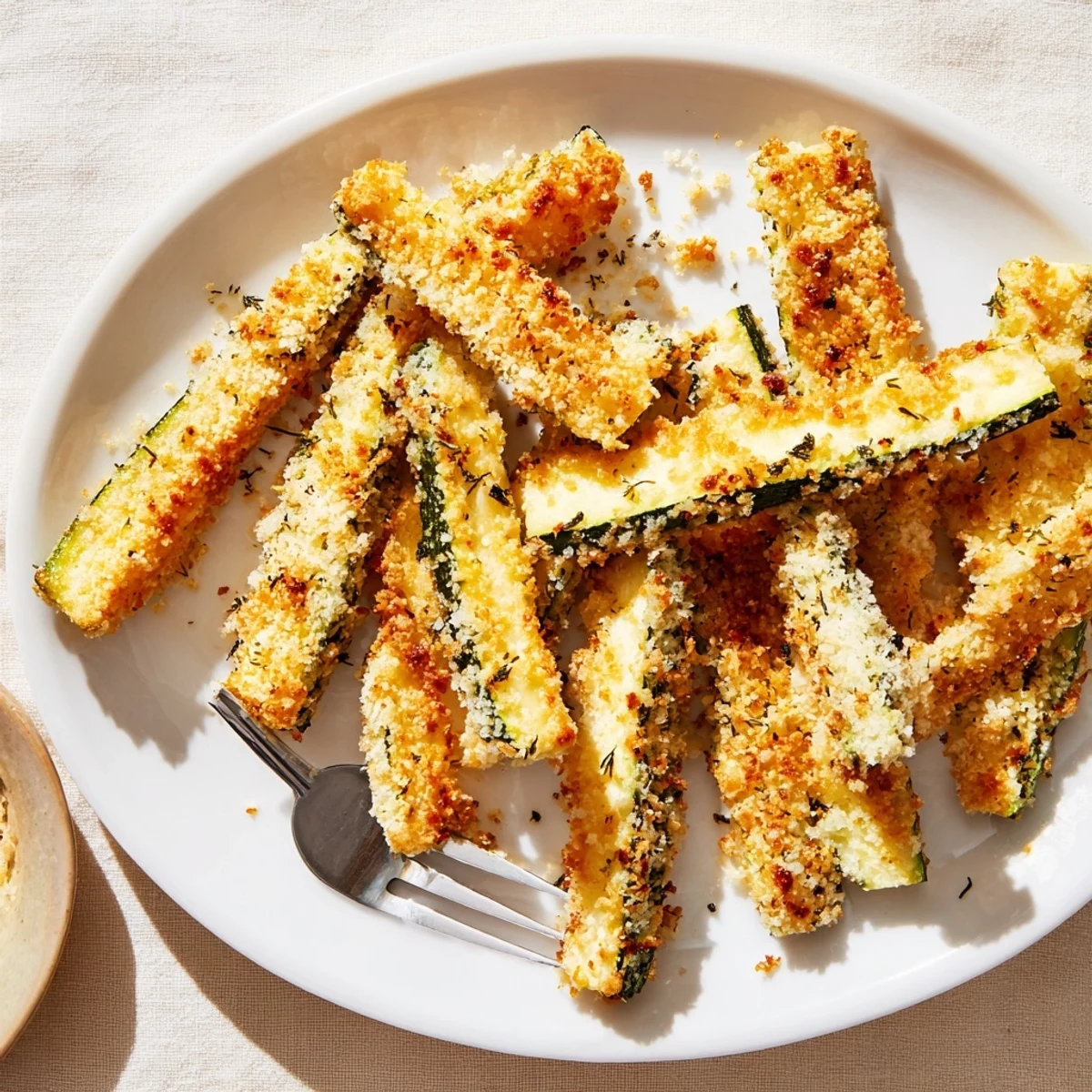 A close-up of golden baked zucchini fries coated in Parmesan and herbs, served with a small bowl of marinara.