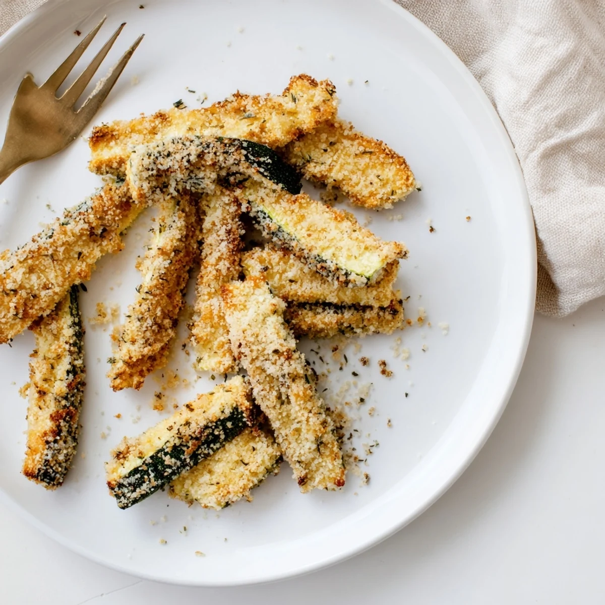 Healthy, oven-baked zucchini fries with Parmesan and herbs, arranged on a baking sheet, ready to serve as a snack.