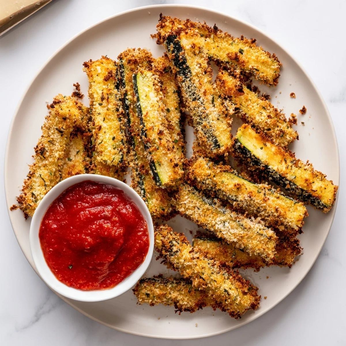 Crispy golden-baked zucchini fries with marinara sauce for dipping, served hot and fresh.
