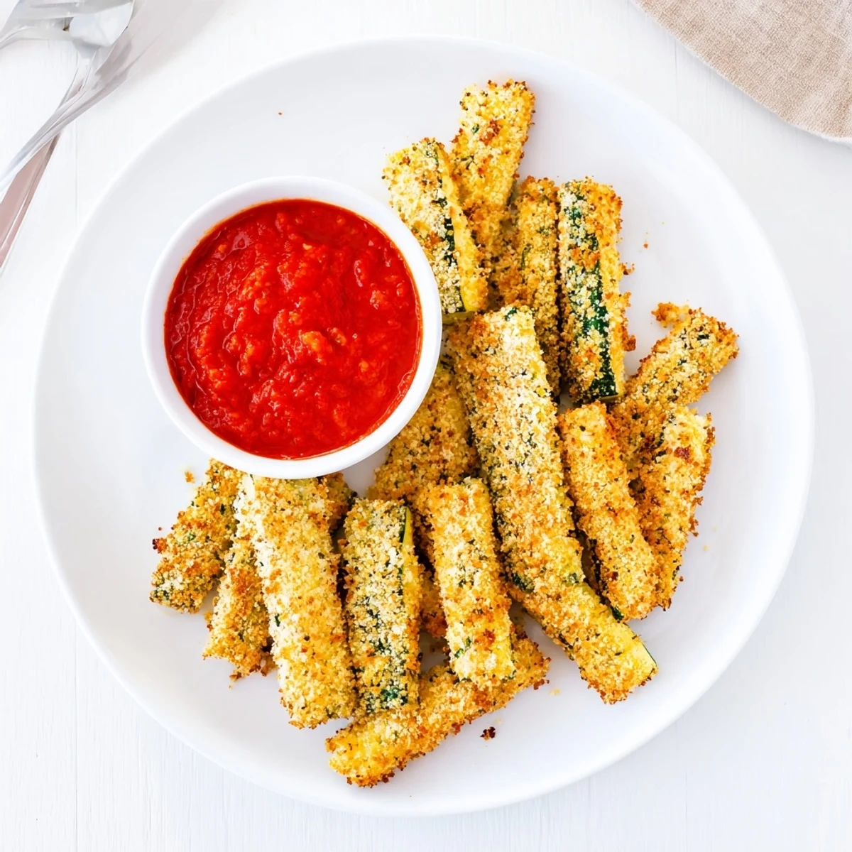 Baked zucchini fries with marinara sauce arranged on a plate for a healthy appetizer.