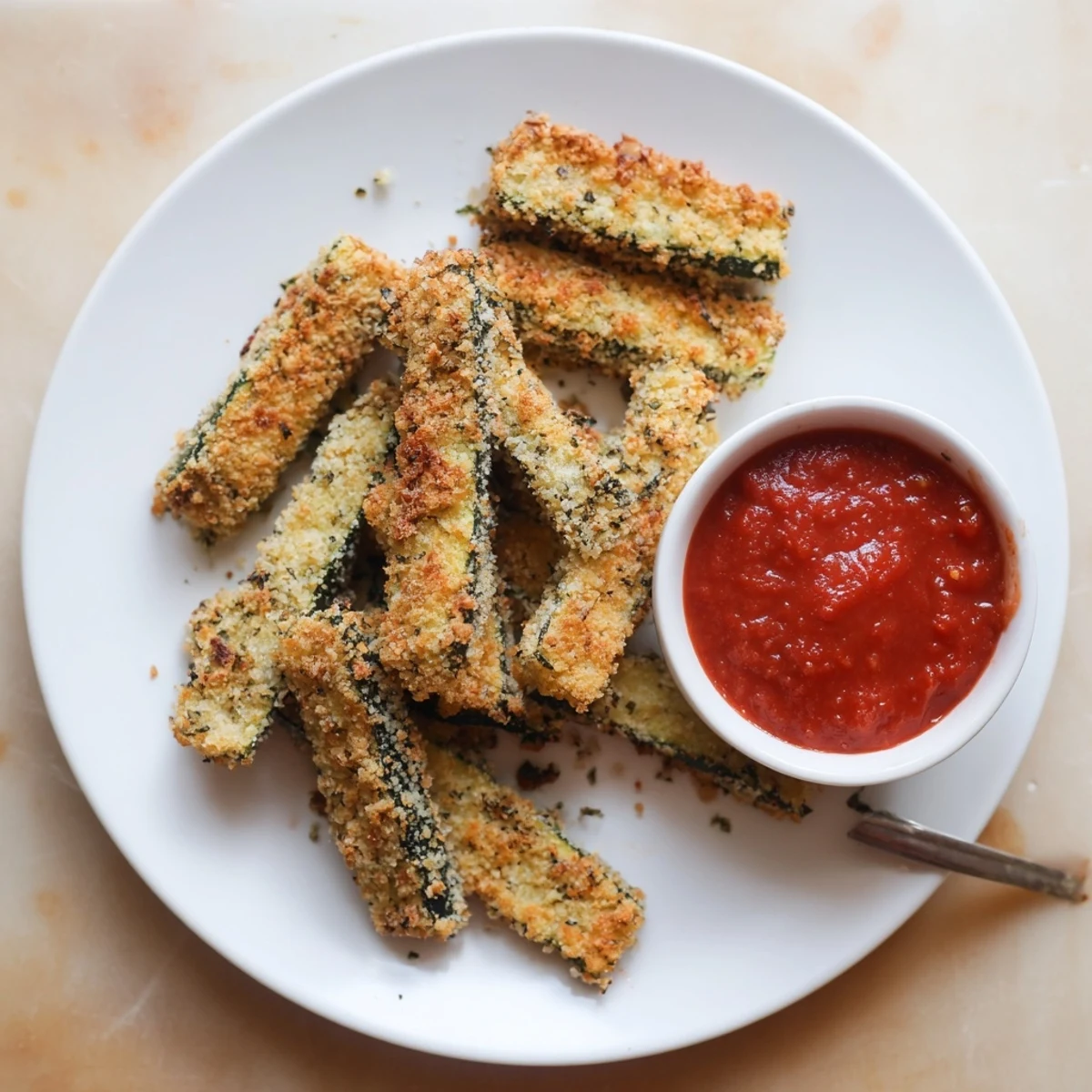 Homemade Baked Zucchini Fries with Marinara Sauce, perfect for snacking or entertaining guests.