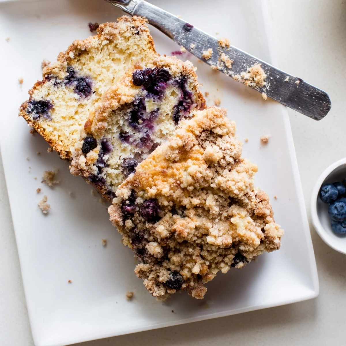 Freshly baked Lemon Blueberry Bread cooling on a rack, showcasing a tender crumb and golden streusel topping.