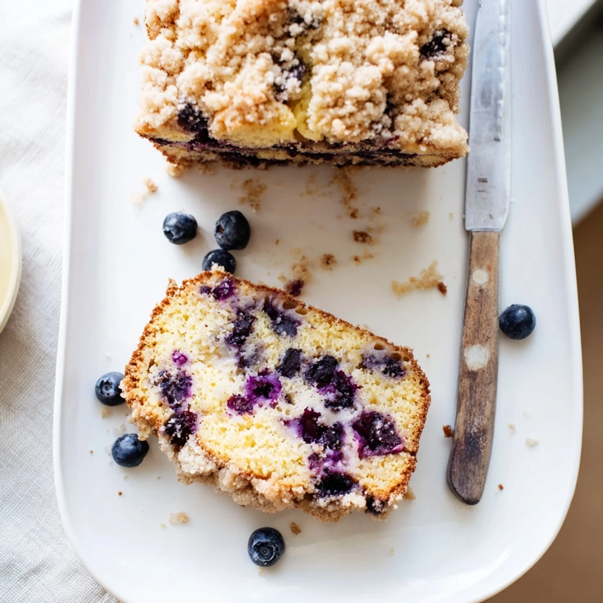 Golden-brown Lemon Blueberry Bread with a crumbly streusel topping, bursting with juicy berries and a bright citrus glaze.