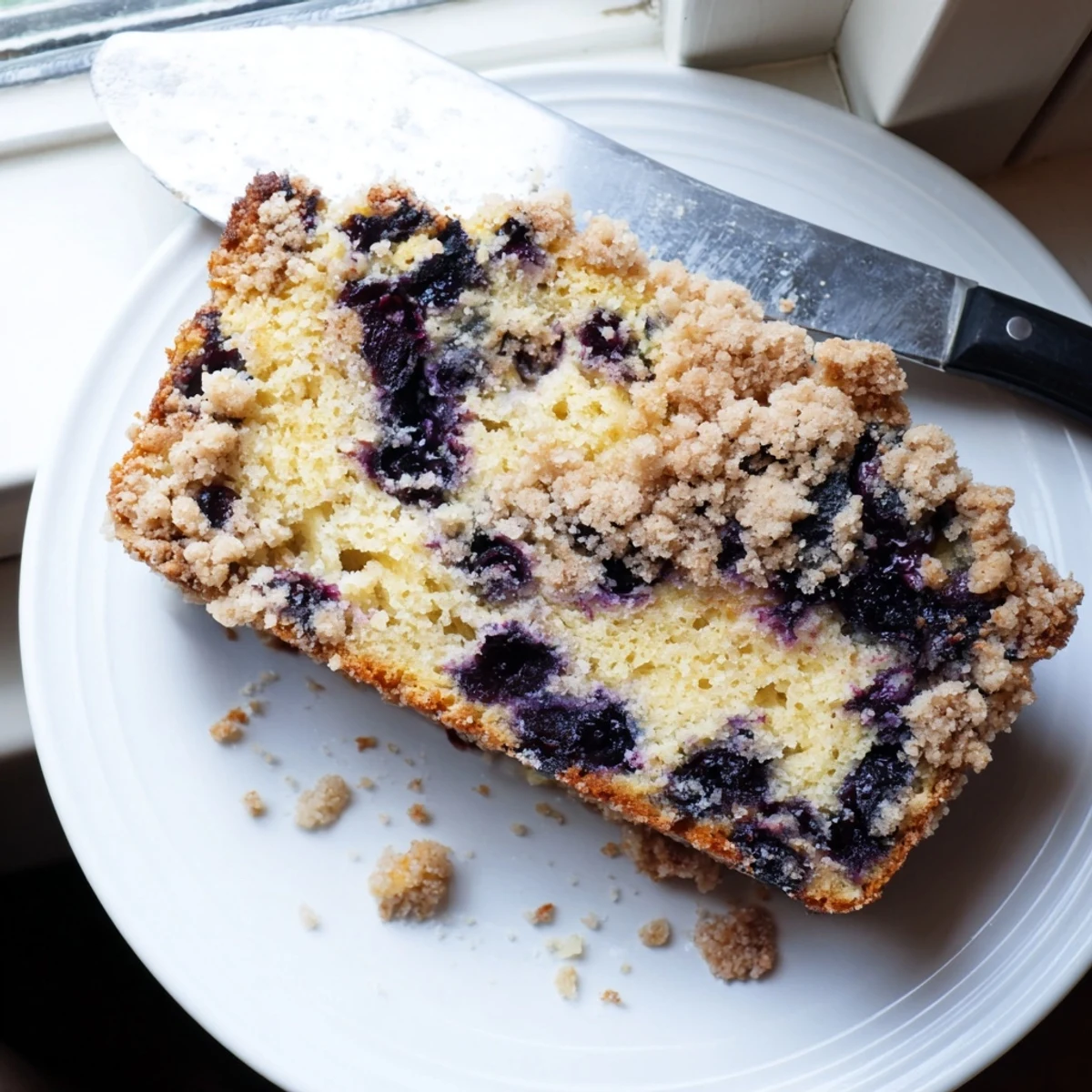 A slice of moist Lemon Blueberry Bread reveals plump blueberries and a buttery, crunchy streusel, perfect for breakfast.