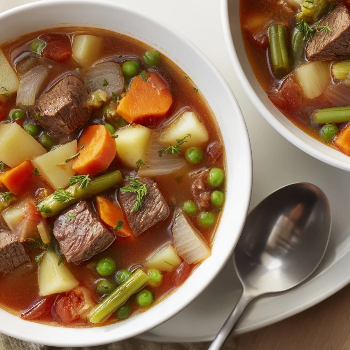 Close-up of ladle filling a bowl of Beef Vegetable Soup with Potatoes, garnished with fresh parsley, ready to serve.