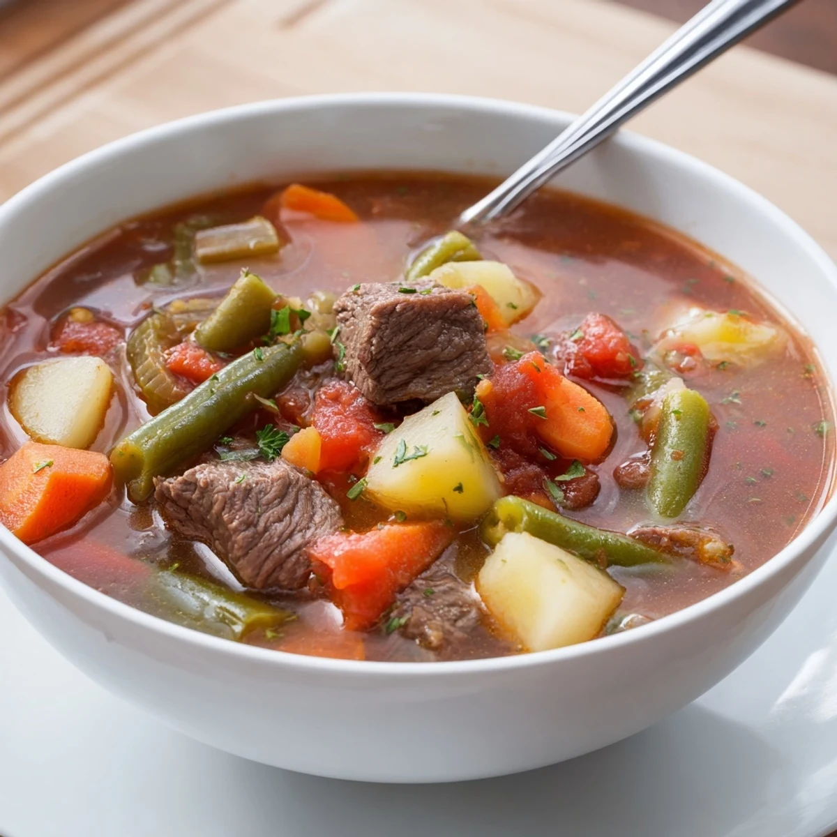 Rustic Dutch oven filled with hearty Beef Vegetable Soup with Potatoes, featuring colorful vegetables and fall-season comfort food appeal.