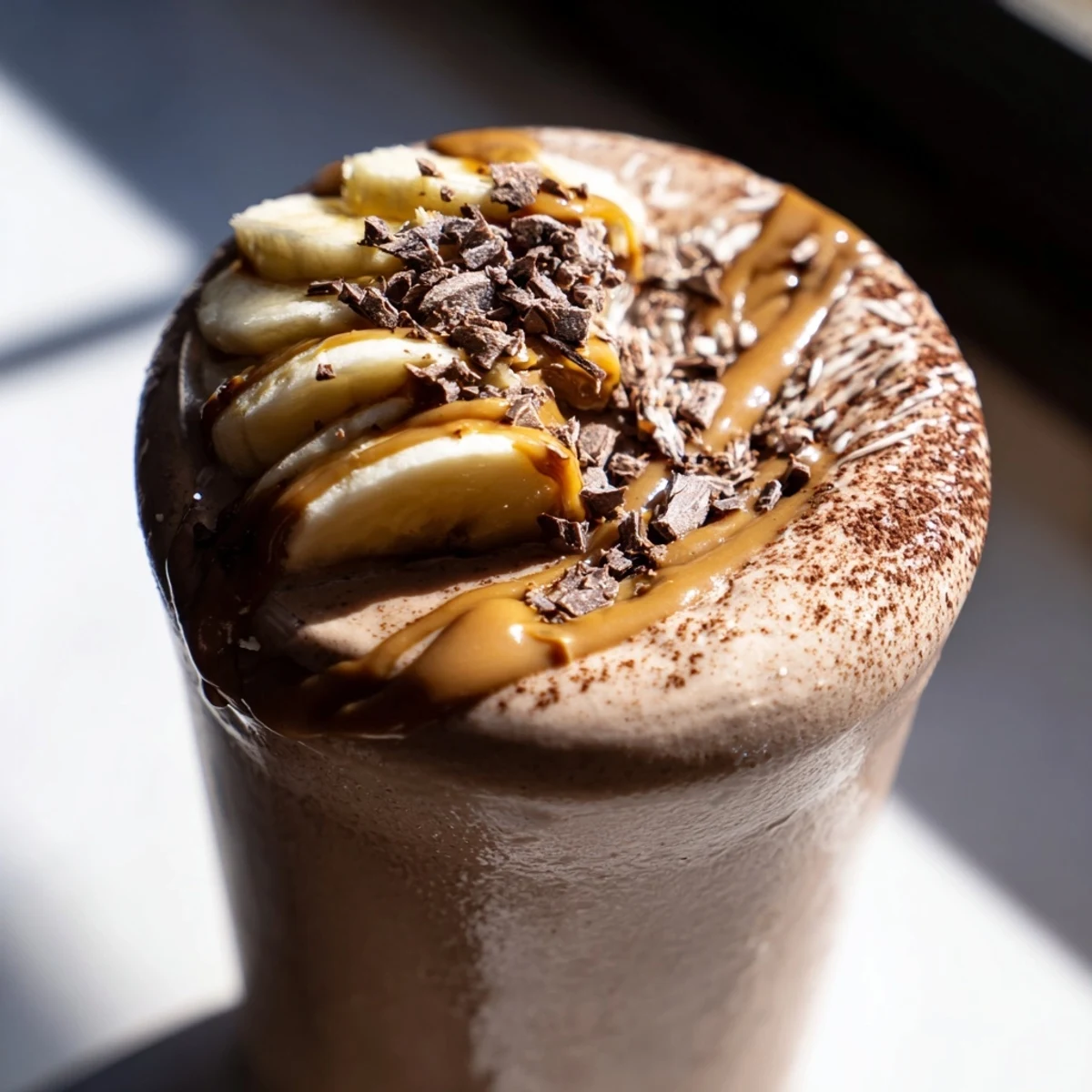 A tall glass of the Chocolate Peanut Butter Smoothie with Banana, garnished with banana slices and a creamy swirl.  