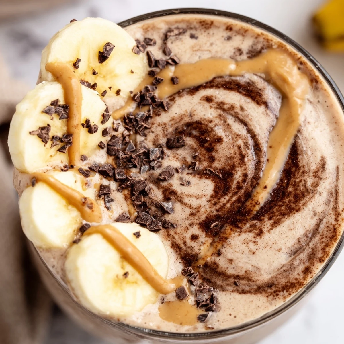 The Chocolate Peanut Butter Smoothie with Banana is poured into a chilled glass, showing its thick, velvety texture.