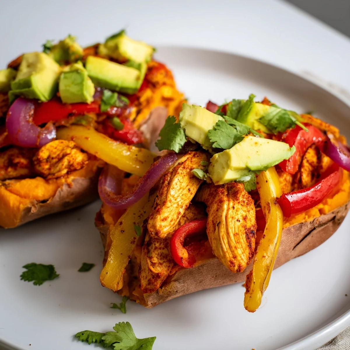 A close-up view of Chicken Fajita Stuffed Sweet Potatoes reveals the colorful filling of spiced chicken and peppers spilling from the tender, orange sweet potato flesh.