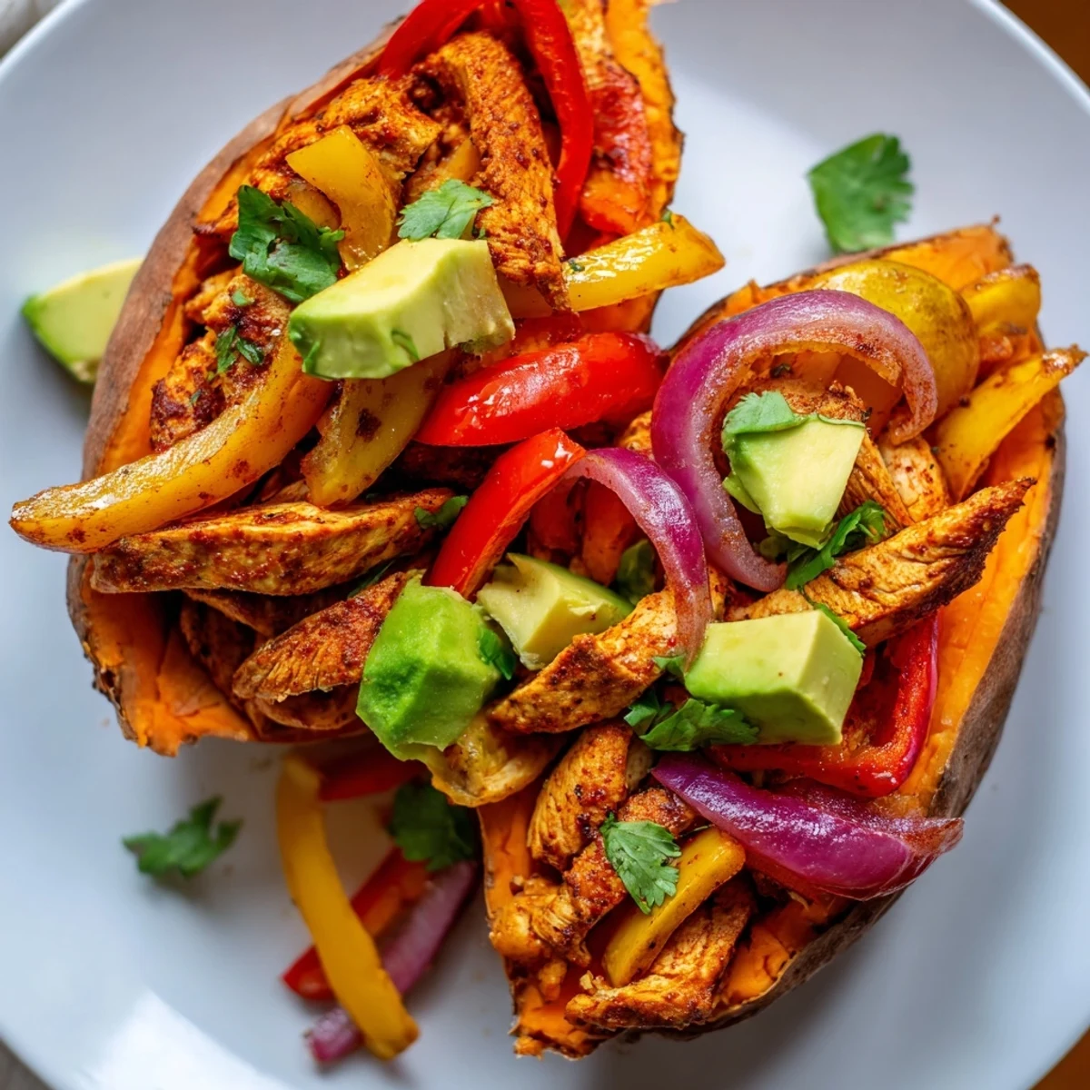 Golden-baked Chicken Fajita Stuffed Sweet Potatoes sit on a white plate, ready to be topped with lime wedges and a dollop of sour cream.
