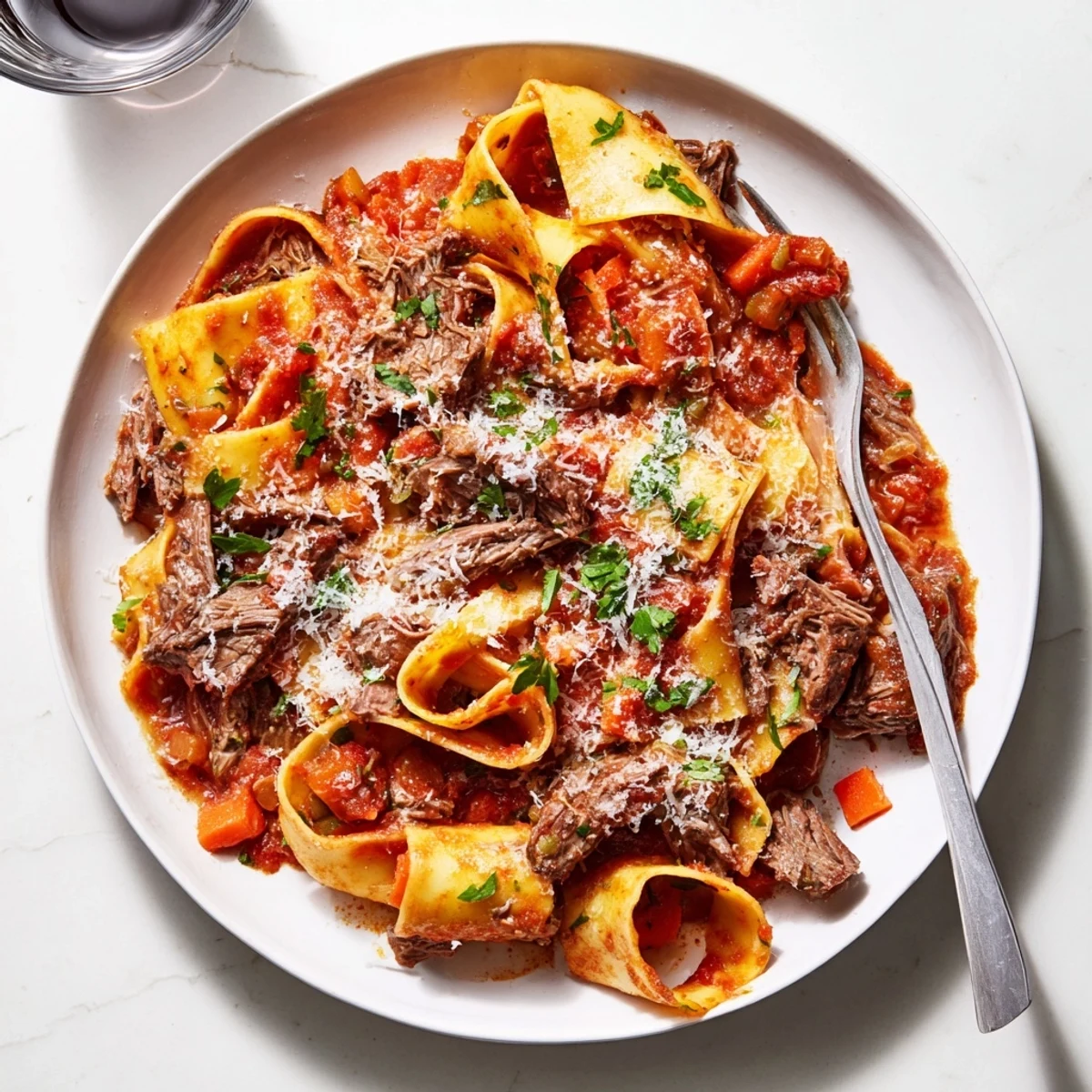 Shredded slow-cooked beef simmered in a rich tomato sauce, spooned over al dente pappardelle pasta, garnished with fresh parsley.  