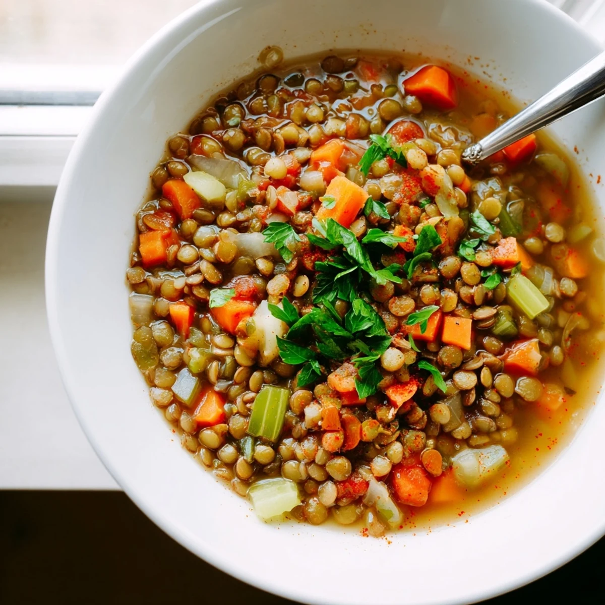 A vibrant bowl of Spicy Lentil Soup with Carrots and Celery, garnished with fresh parsley and a lemon wedge, steaming warmly.