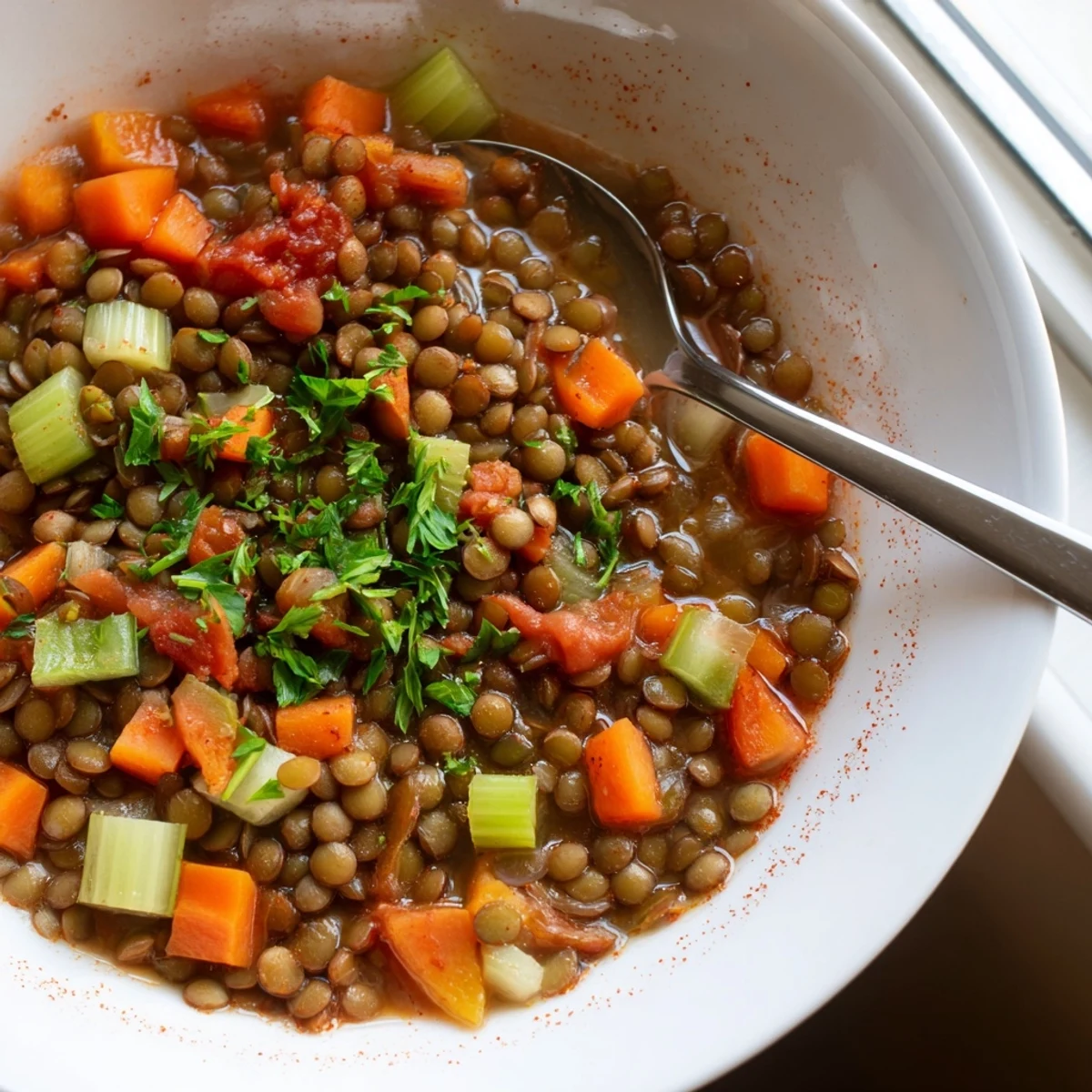 Hearty Spicy Lentil Soup with Carrots and Celery in a rustic mug, served alongside crusty artisan bread for a cozy vegan meal.