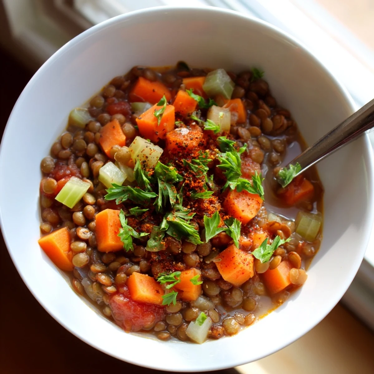 A close-up of Spicy Lentil Soup with Carrots and Celery, showcasing tender lentils and diced vegetables in a rich, aromatic broth.