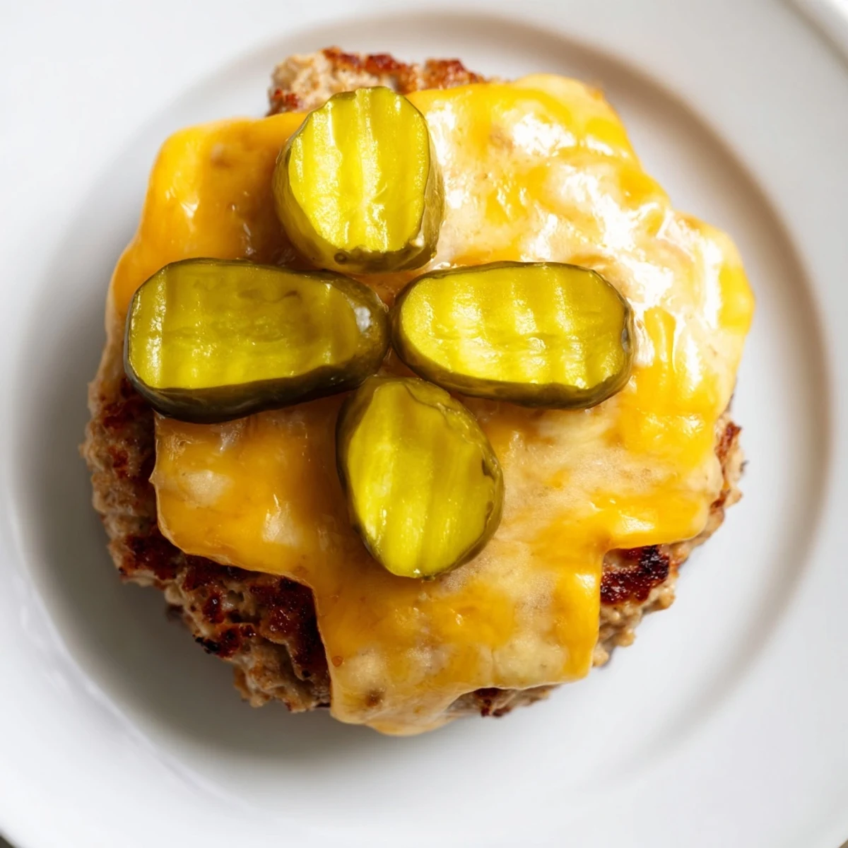 Golden-brown turkey burger patties topped with melted cheddar cheese and tangy pickle slices on a toasted sesame seed bun.