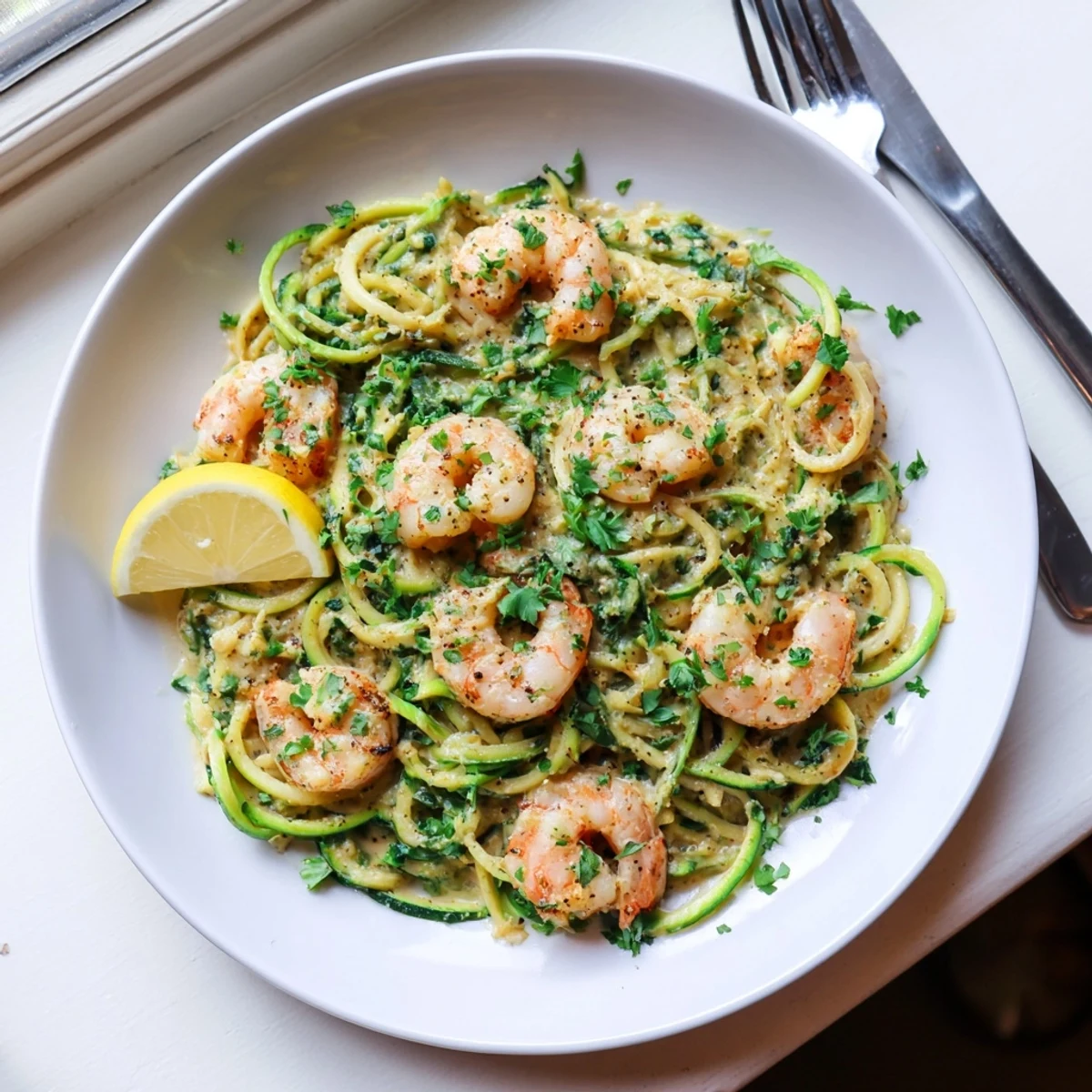 A close-up of creamy garlic shrimp served over tender zucchini noodles, garnished with fresh parsley and lemon wedges for a bright, low-carb meal.