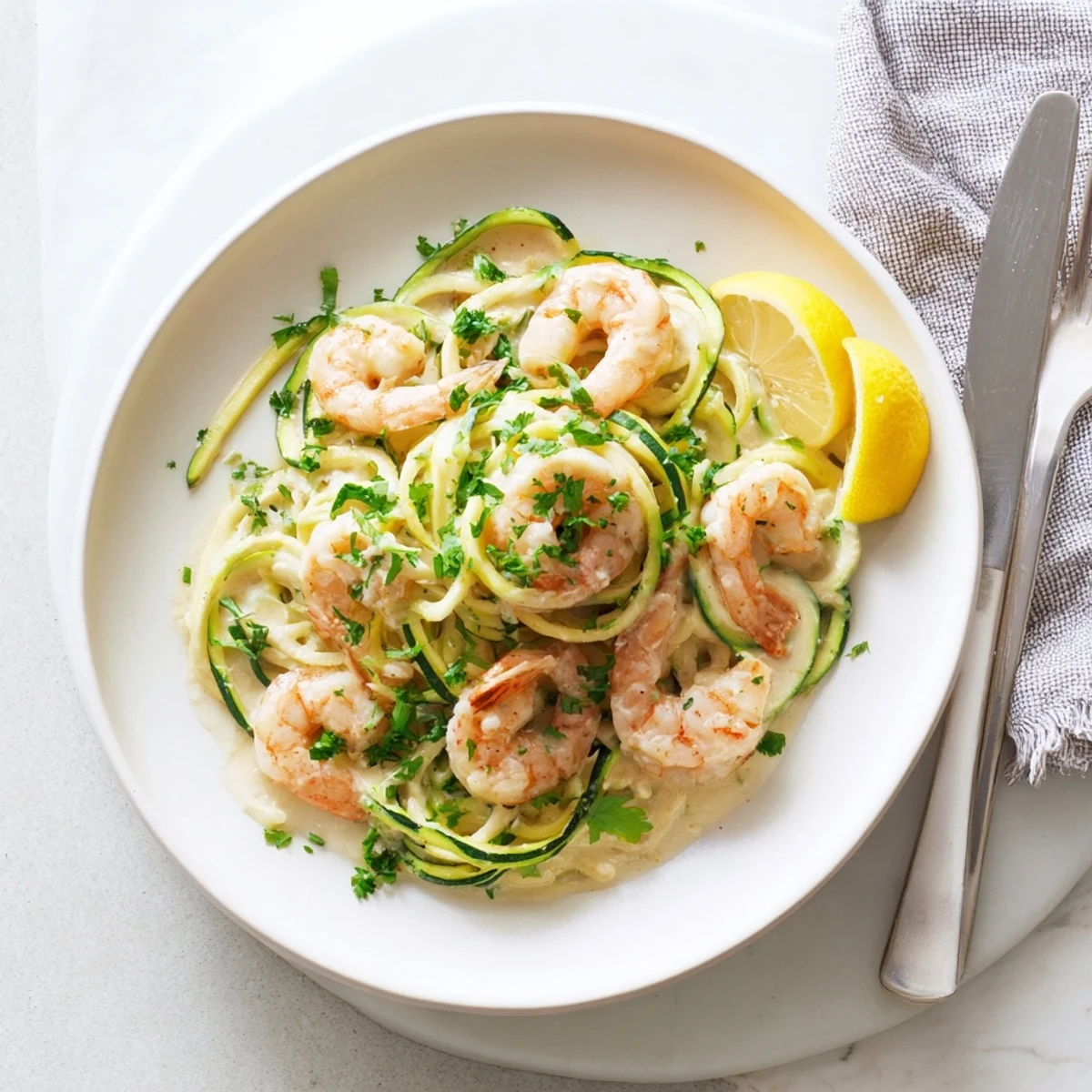 Savory sautéed shrimp in a rich, garlicky cream sauce tossed with spiralized zucchini noodles, finished with Parmesan and a sprinkle of red pepper flakes.